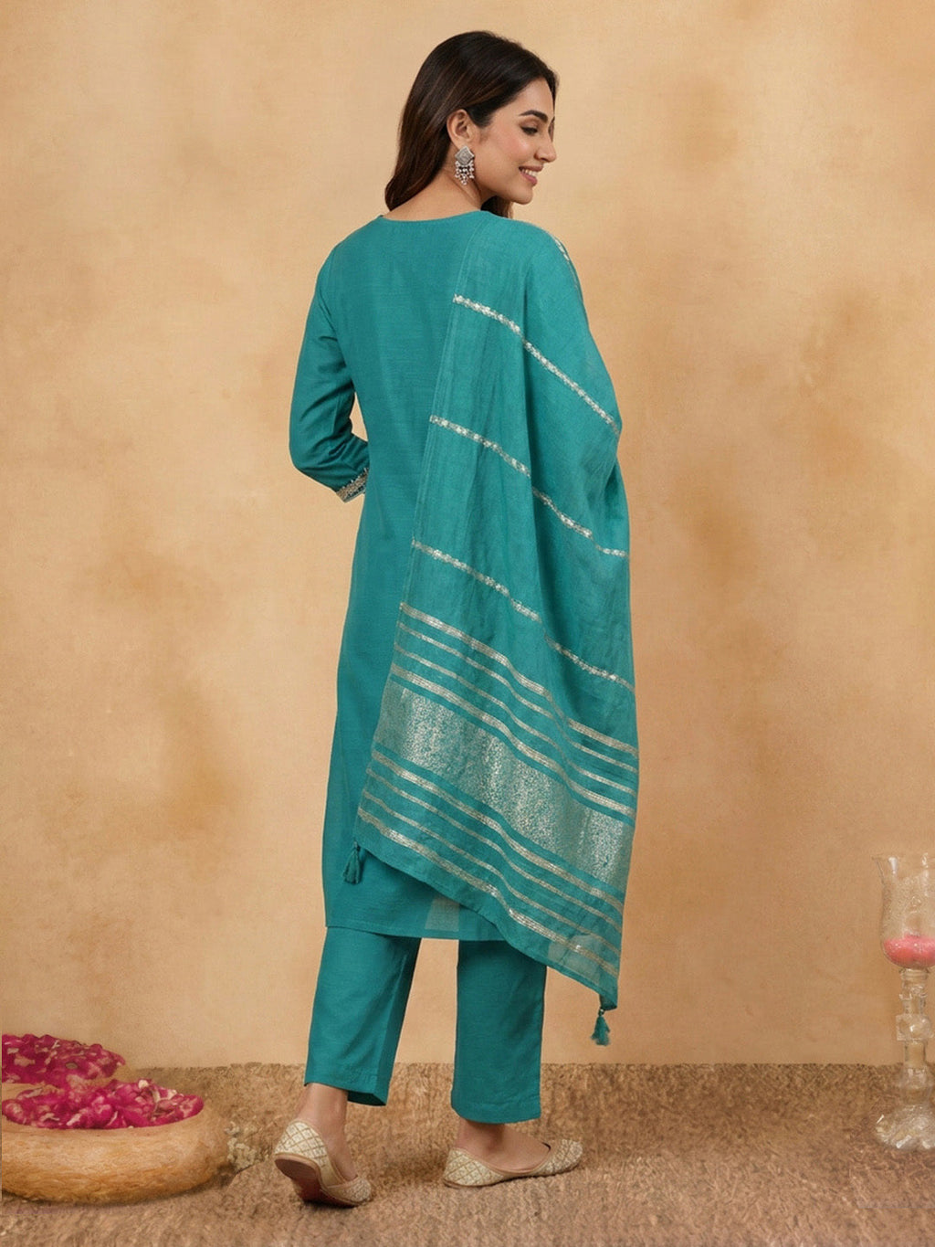 Janasya Teal Straight Cotton Blend Kurta,Bottom & Dupatta | Grocsy