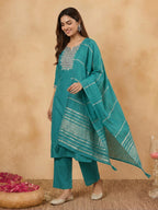 Janasya Teal Straight Cotton Blend Kurta,Bottom & Dupatta | Grocsy