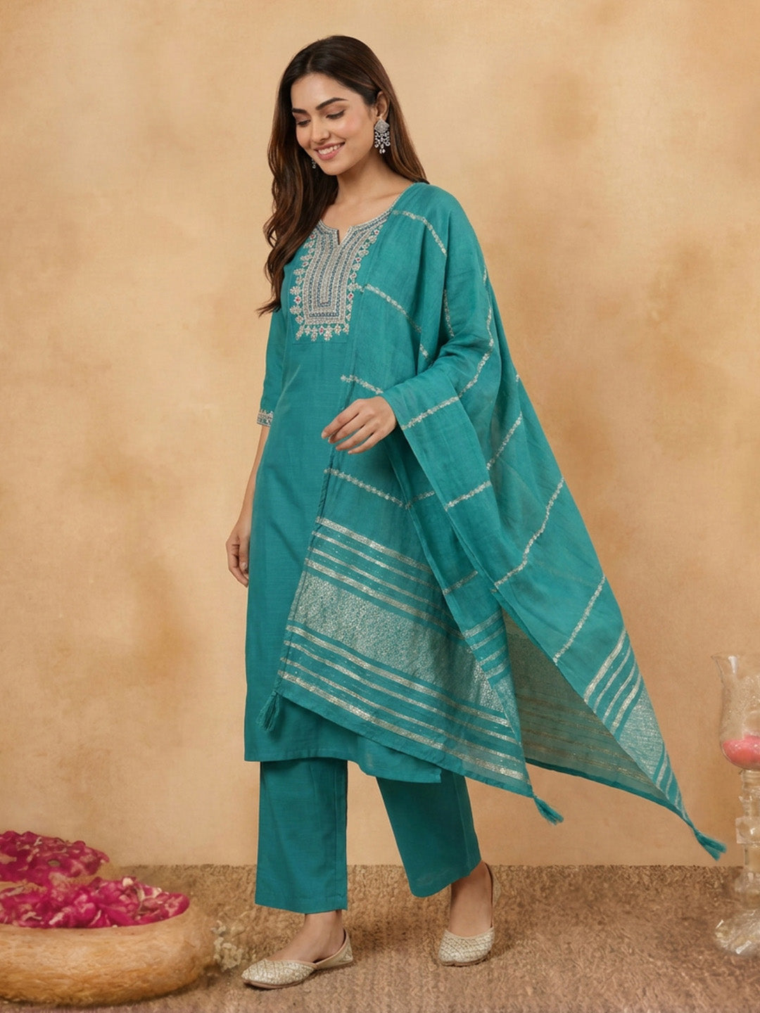 Janasya Teal Straight Cotton Blend Kurta,Bottom & Dupatta | Grocsy