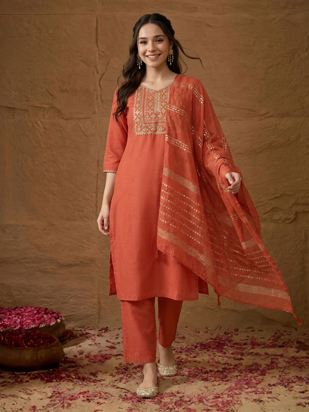 Janasya Rust Straight Cotton Blend Kurta,Bottom & Dupatta | Grocsy