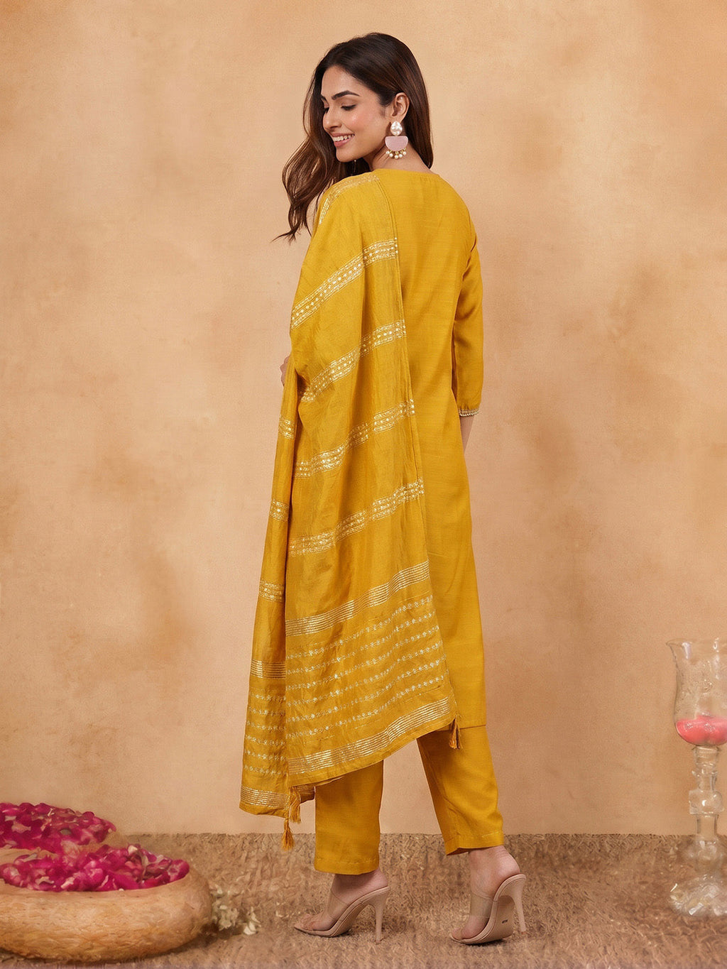 Janasya Mustard Straight Cotton Blend Kurta,Bottom & Dupatta | Grocsy