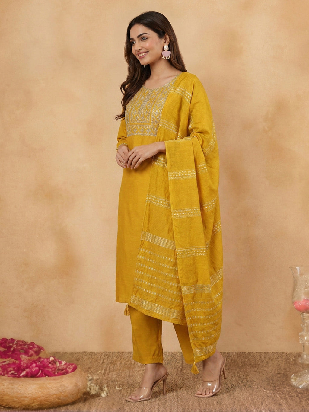 Janasya Mustard Straight Cotton Blend Kurta,Bottom & Dupatta | Grocsy