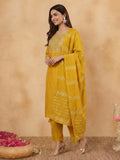 Janasya Mustard Straight Cotton Blend Kurta,Bottom & Dupatta | Grocsy