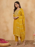 Janasya Mustard Straight Cotton Blend Kurta,Bottom & Dupatta | Grocsy