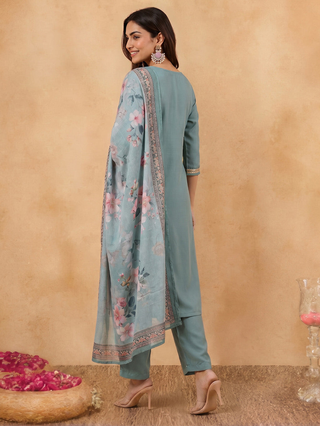Janasya Sage Straight Rayon Top, Bottom & Dupatta | Grocsy