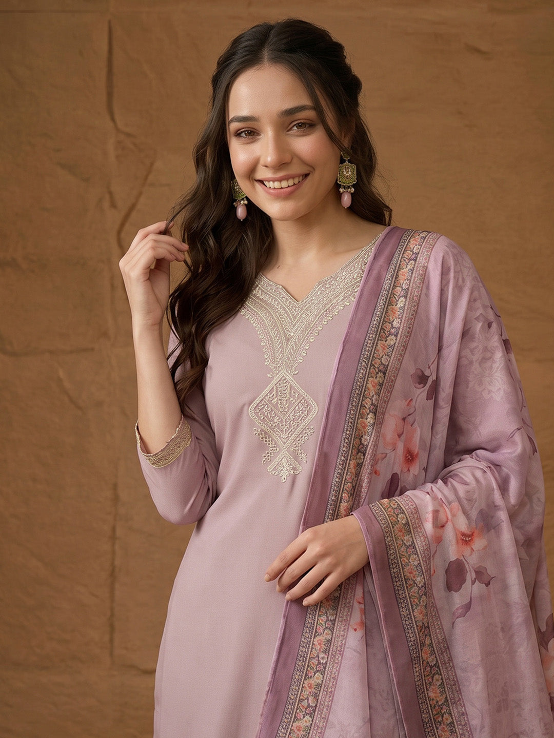 Janasya Lavender Straight Rayon Blend Top, Bottom & Dupatta | Grocsy