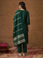 Janasya Dark Green Straight Silk Blend Kurta,Bottom & Dupatta | Grocsy