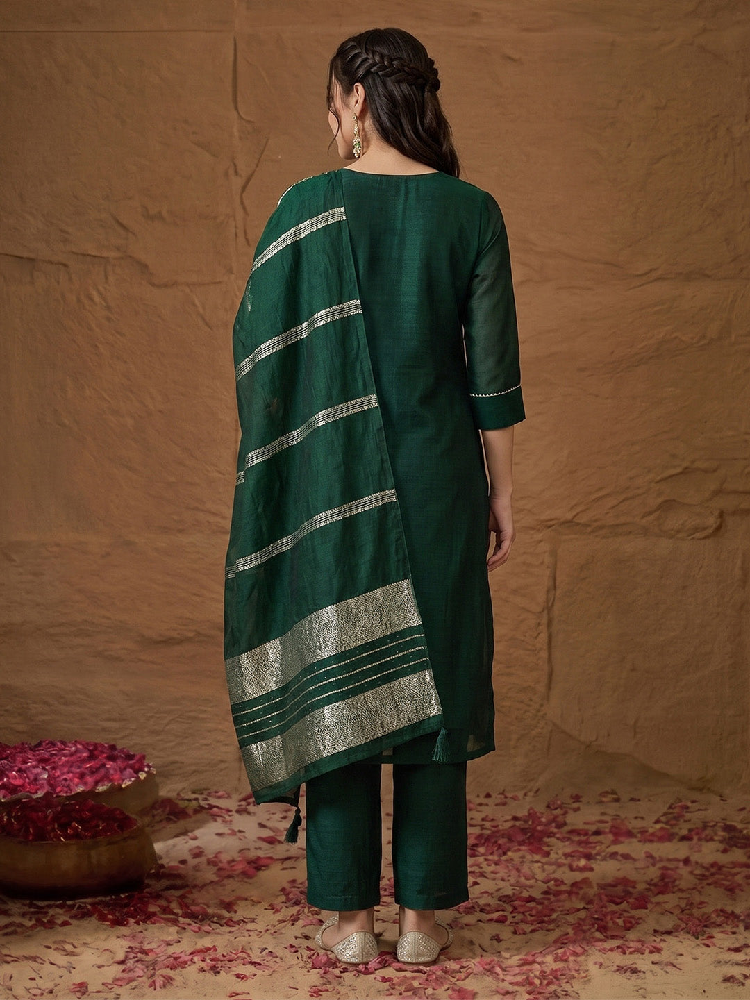 Janasya Dark Green Straight Silk Blend Kurta,Bottom & Dupatta | Grocsy