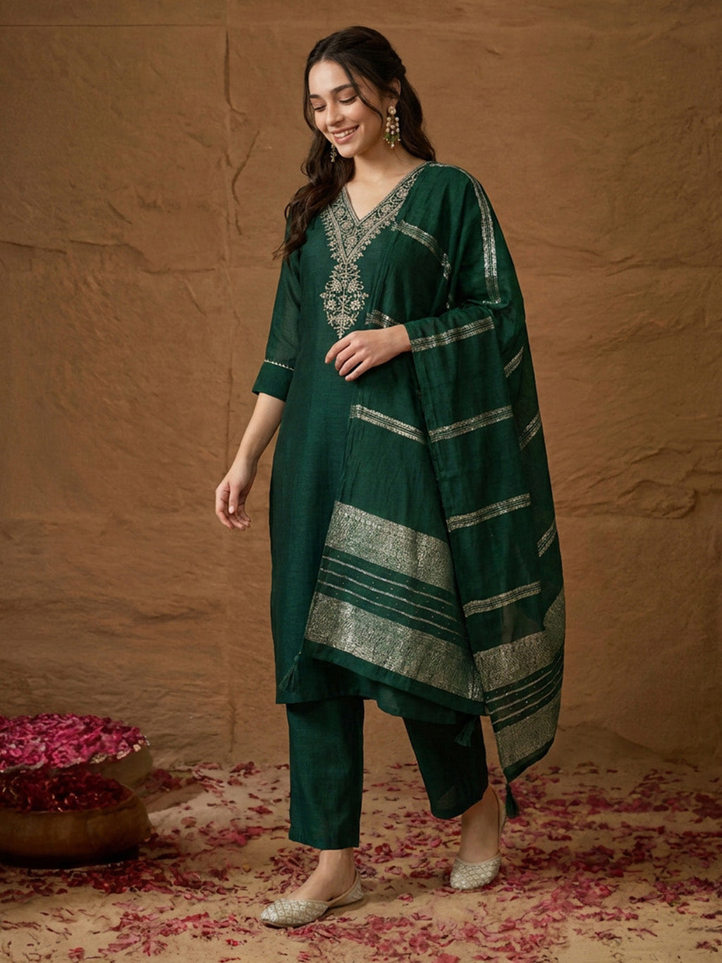 Janasya Dark Green Straight Silk Blend Kurta,Bottom & Dupatta | Grocsy