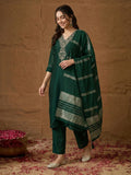 Janasya Dark Green Straight Silk Blend Kurta,Bottom & Dupatta | Grocsy