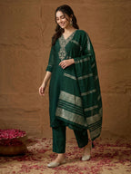 Janasya Dark Green Straight Silk Blend Kurta,Bottom & Dupatta | Grocsy
