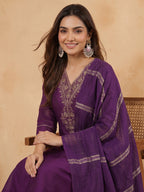 Janasya Purple Straight Silk Blend Kurta,Bottom & Dupatta | Grocsy