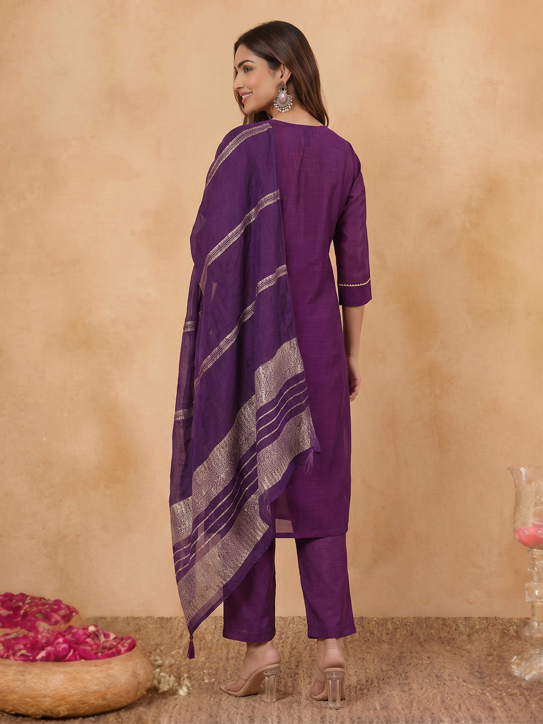 Janasya Purple Straight Silk Blend Kurta,Bottom & Dupatta | Grocsy