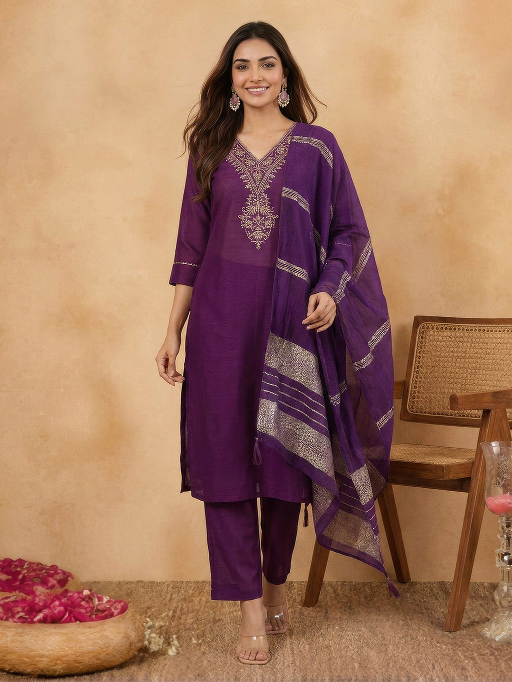 Janasya Purple Straight Silk Blend Kurta,Bottom & Dupatta | Grocsy