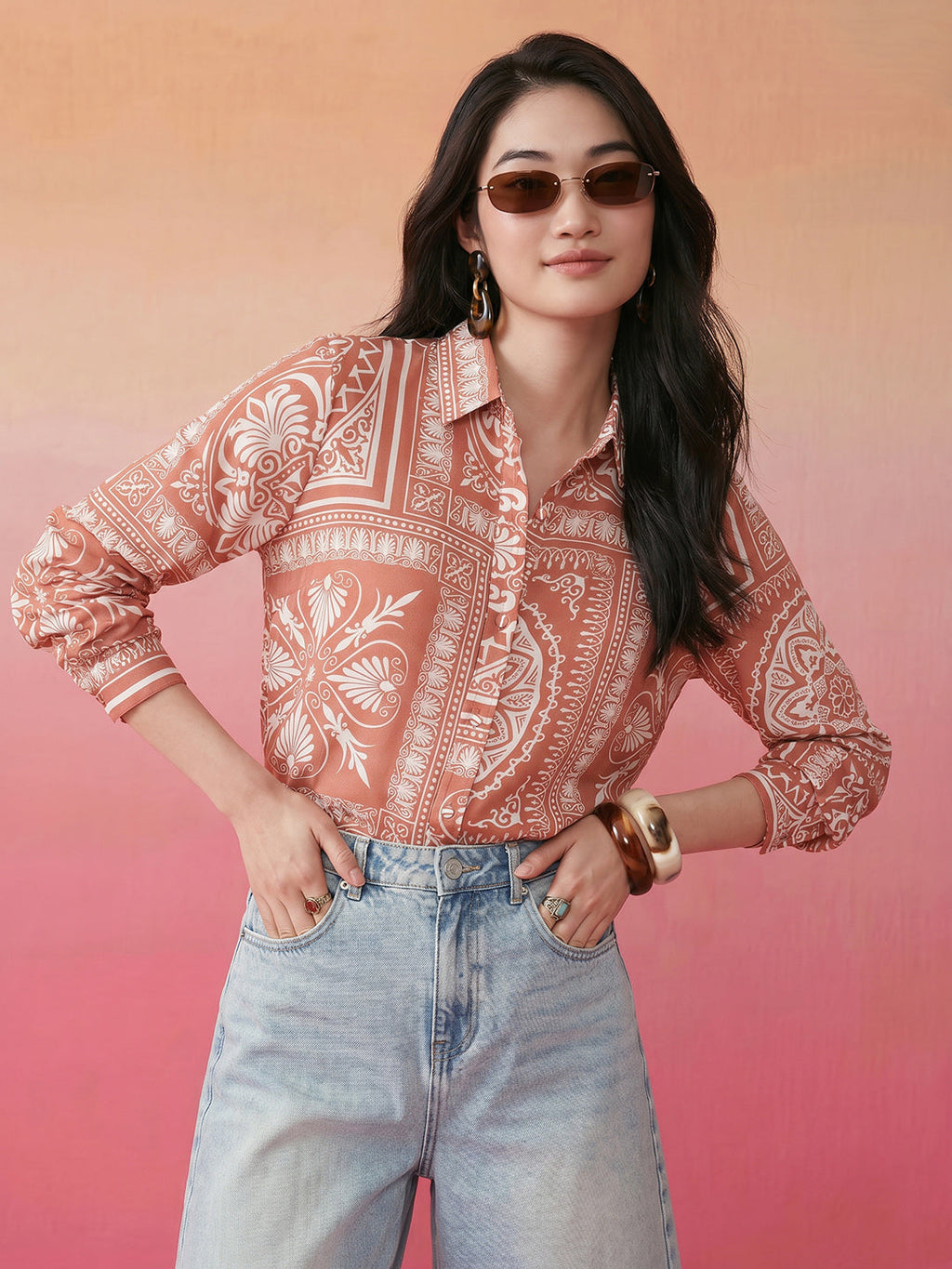 Janasya Rust Shirt Rayon Blend Top | Grocsy