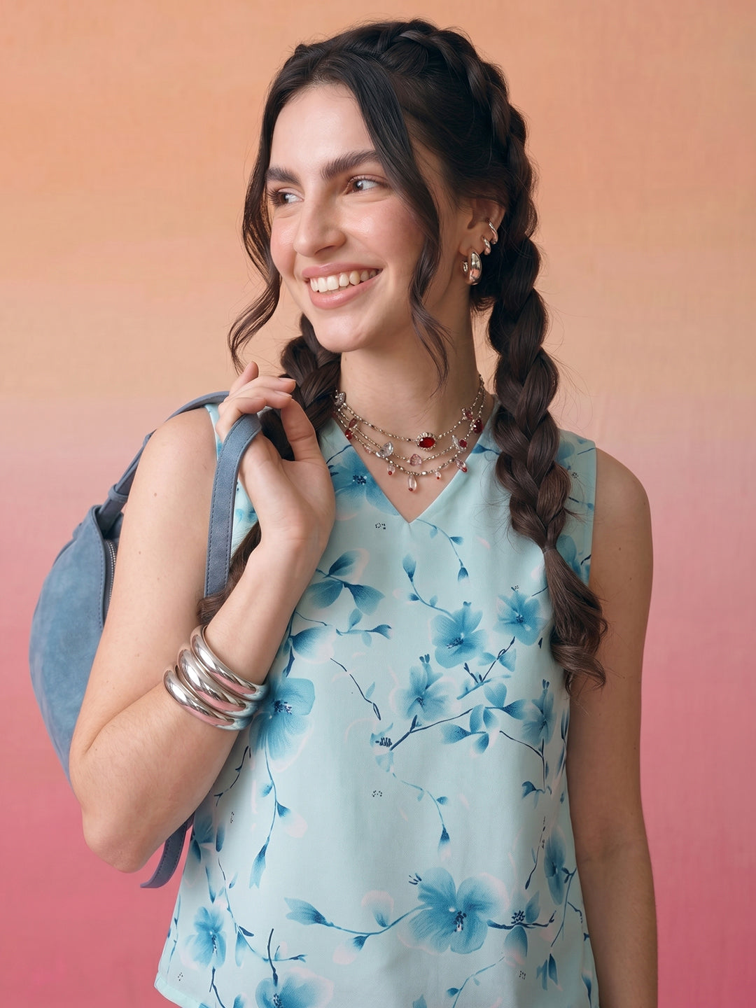 Janasya Sky Blue Straight Crepe Top | Grocsy