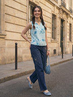 Janasya Sky Blue Straight Crepe Top | Grocsy