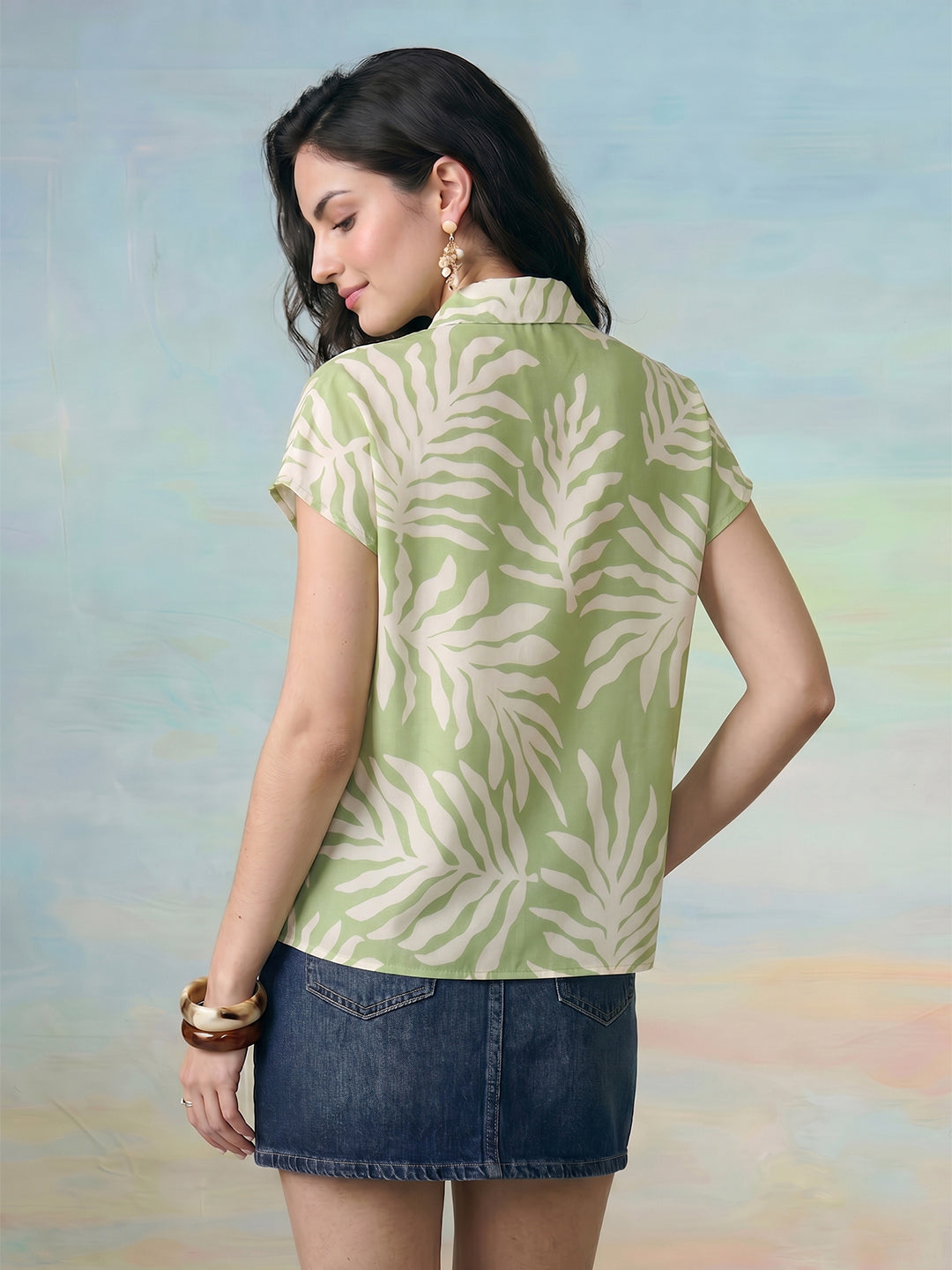 Janasya Green Shirt Style Rayon Blend Top | Grocsy