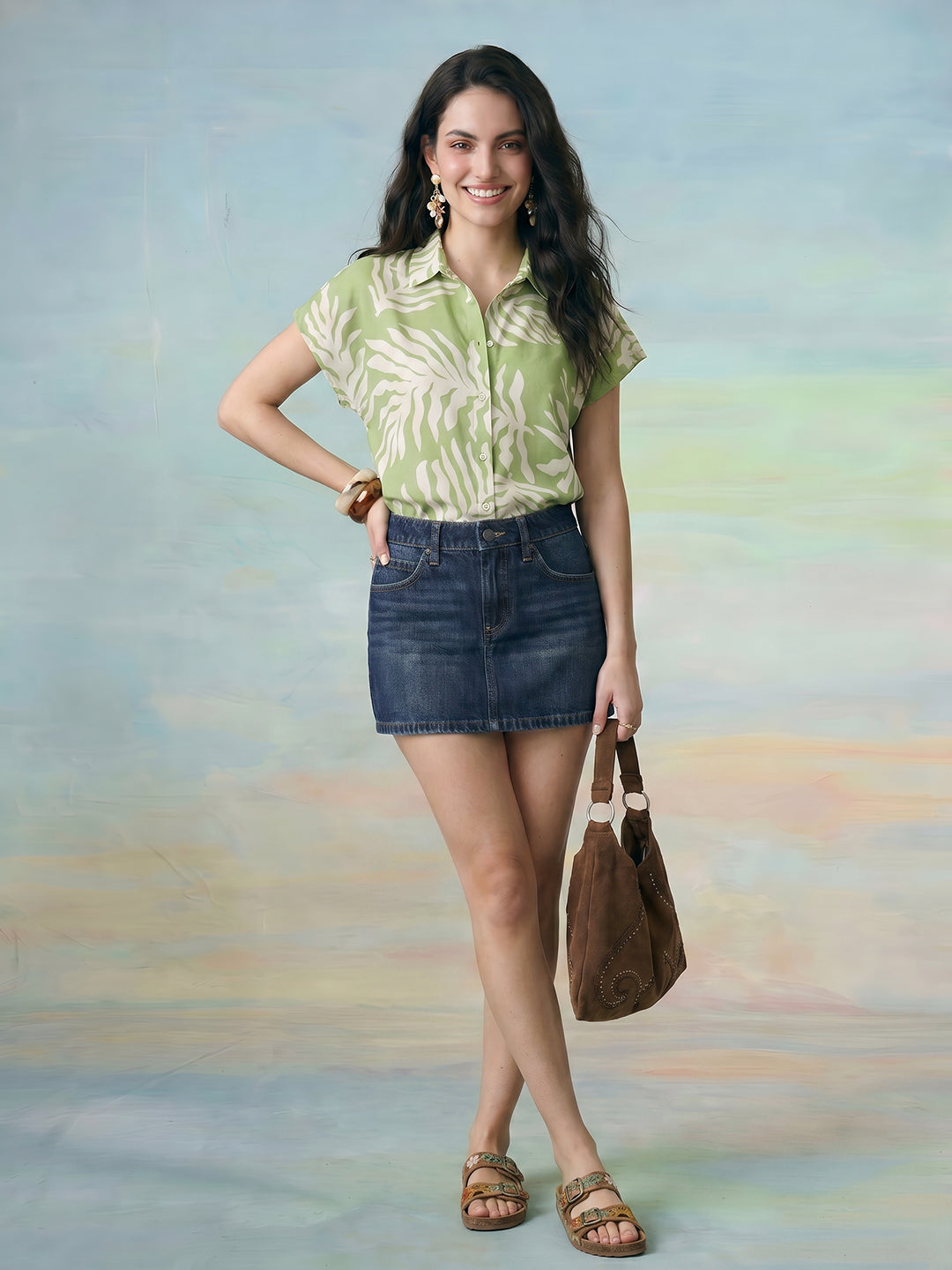 Janasya Green Shirt Style Rayon Blend Top | Grocsy