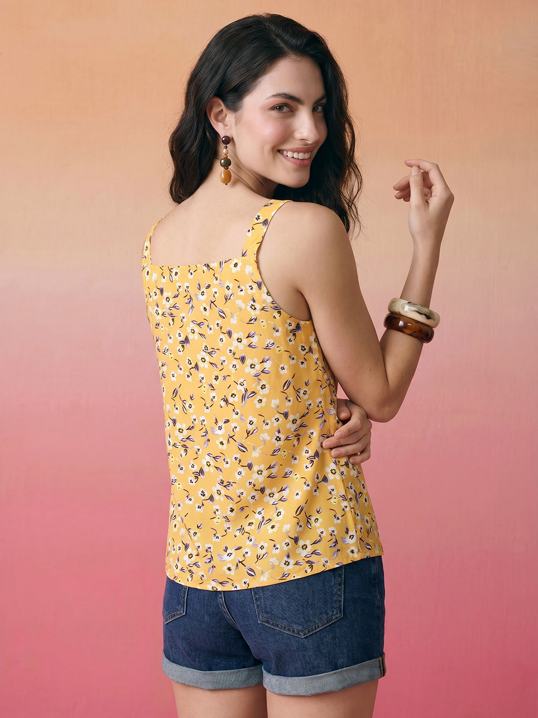 Janasya Mustard Straight Crepe Top | Grocsy