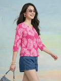 Janasya Pink Straight Crepe Top | Grocsy
