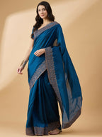 Blue Silk Blend Embroidered Saree with Unstitched Blouse - Vairagi | Grocsy