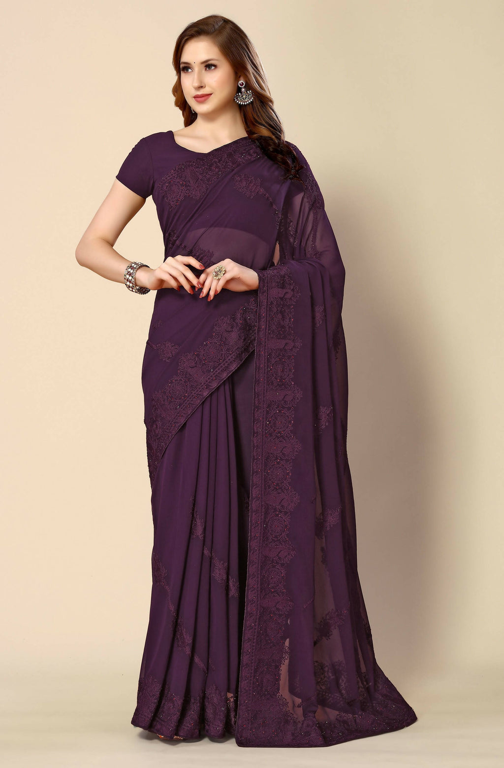 Purple Georgette Embroidered and Stone Work Saree with Unstitched Blouse Piece - Roozal | Grocsy