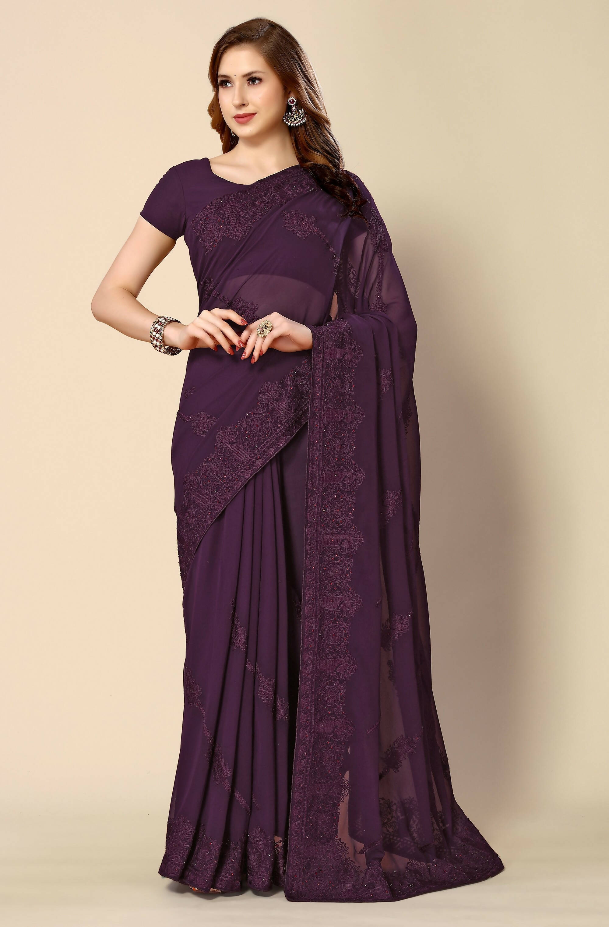 Purple Georgette Embroidered and Stone Work Saree with Unstitched Blouse Piece - Roozal | Grocsy