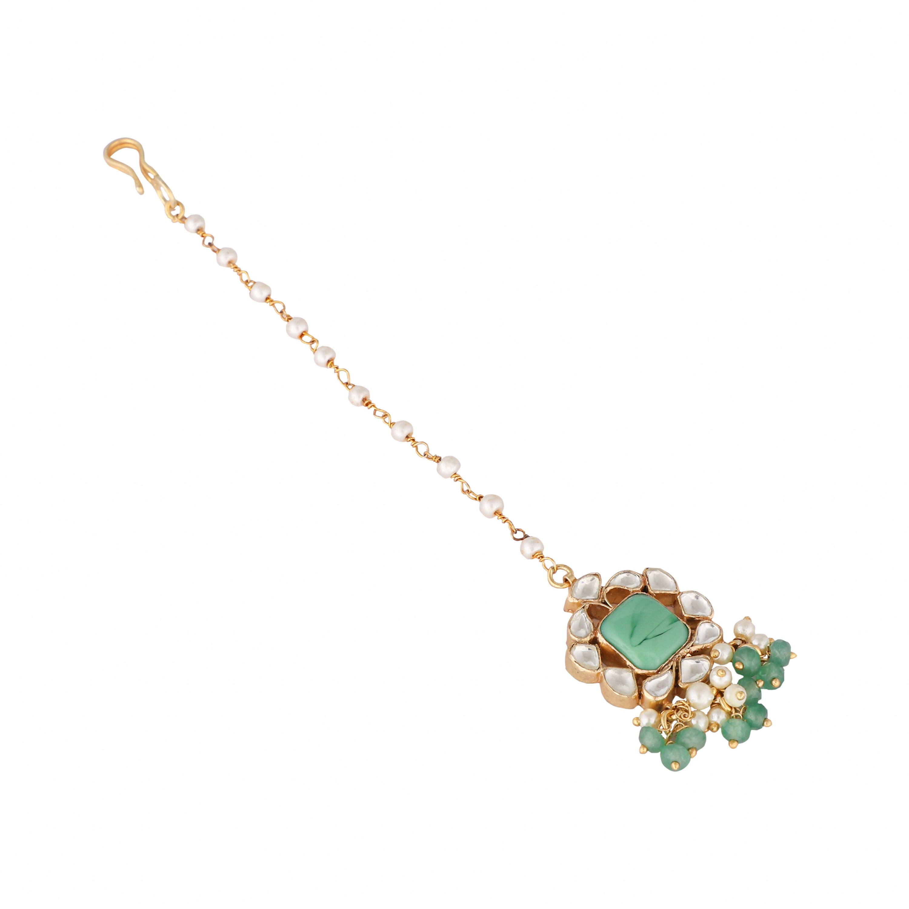 Nuyug 22K Gold-Plated Kundan & Green Stone Embellished Maang Tikka Head Jewellery | Grocsy