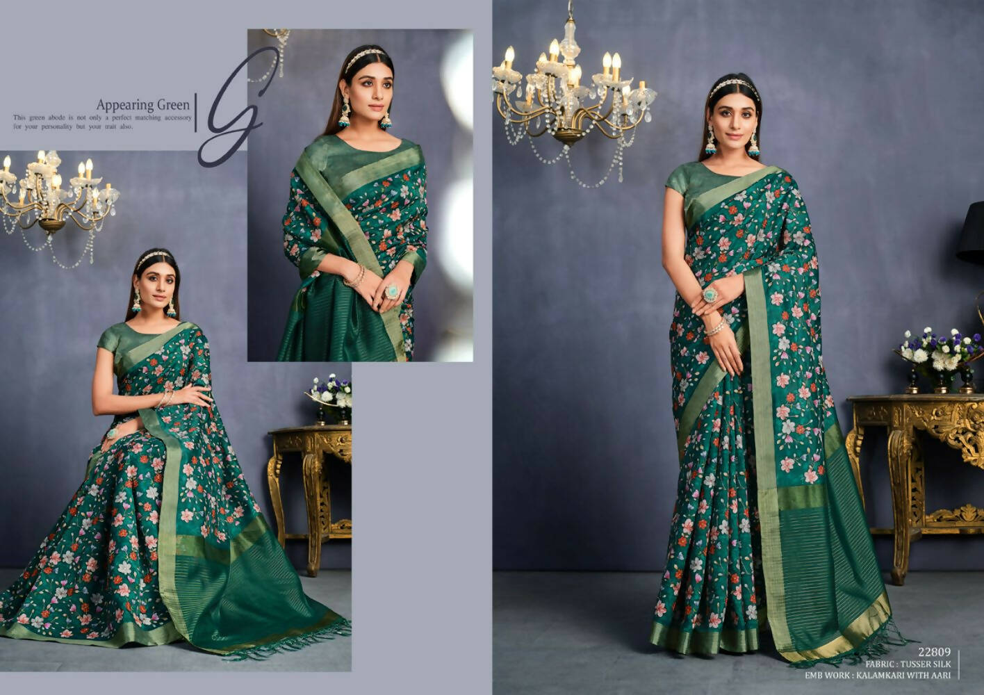 Green Tusser Silk Floral Sequence Embroidered Saree With Unstitched Blouse - Mohmanthan Aahana | Grocsy