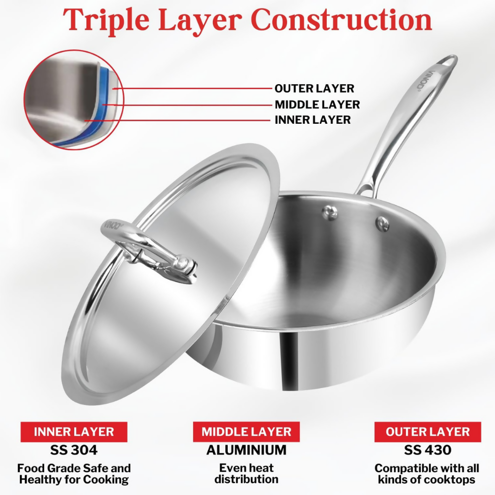 Vinod Platinum Triply Stainless Steel Deep Frying Pan with Lid | Grocsy