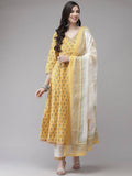 Yufta Women Yellow Floral Print Angrakha Pure Cotton Kurta and Trouser With Dupatta | Grocsy