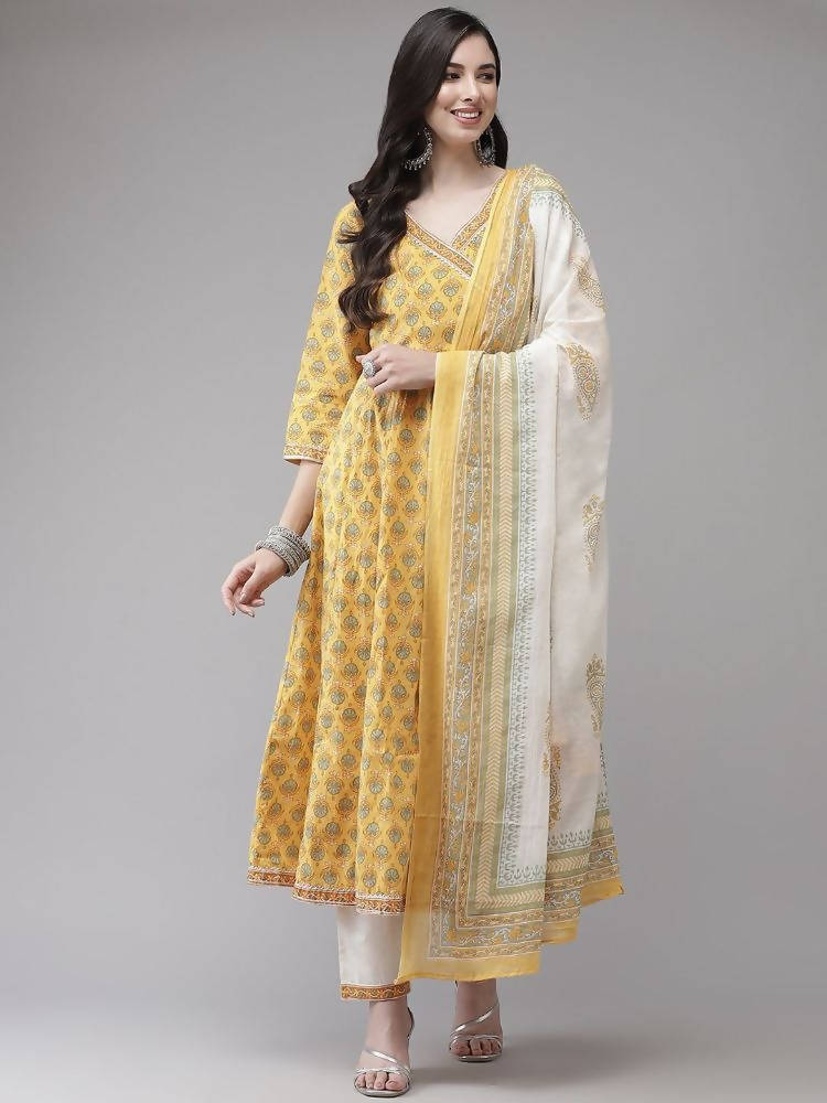 Yufta Women Yellow Floral Print Angrakha Pure Cotton Kurta and Trouser With Dupatta | Grocsy