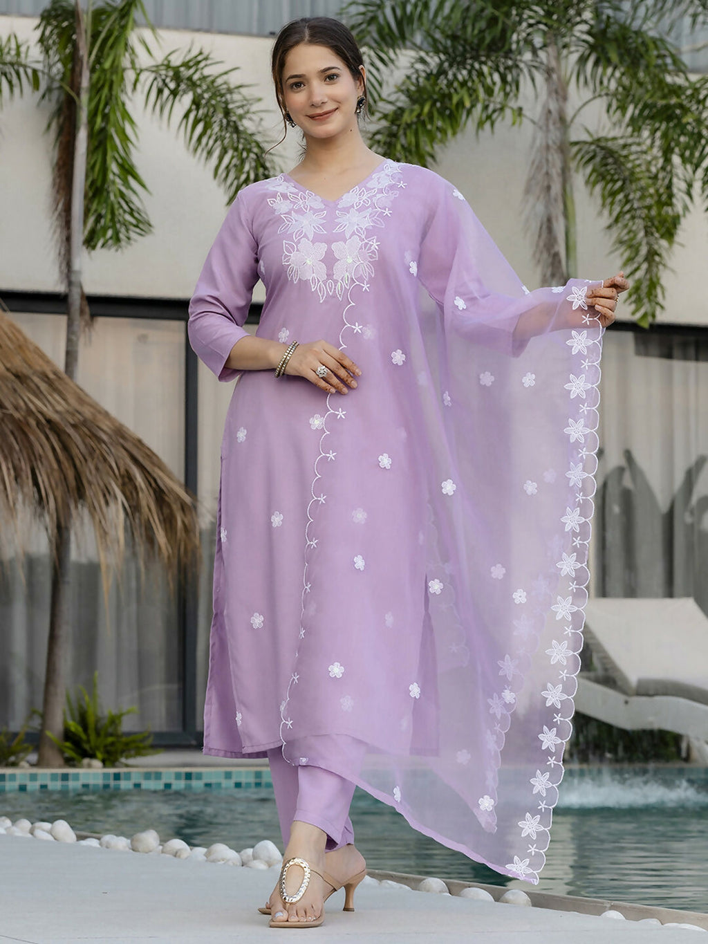 The52 Lavender Women's Beautiful Thread work Rayon Fabric with Straight Kurta, Pant and Dupatta Set | Grocsy