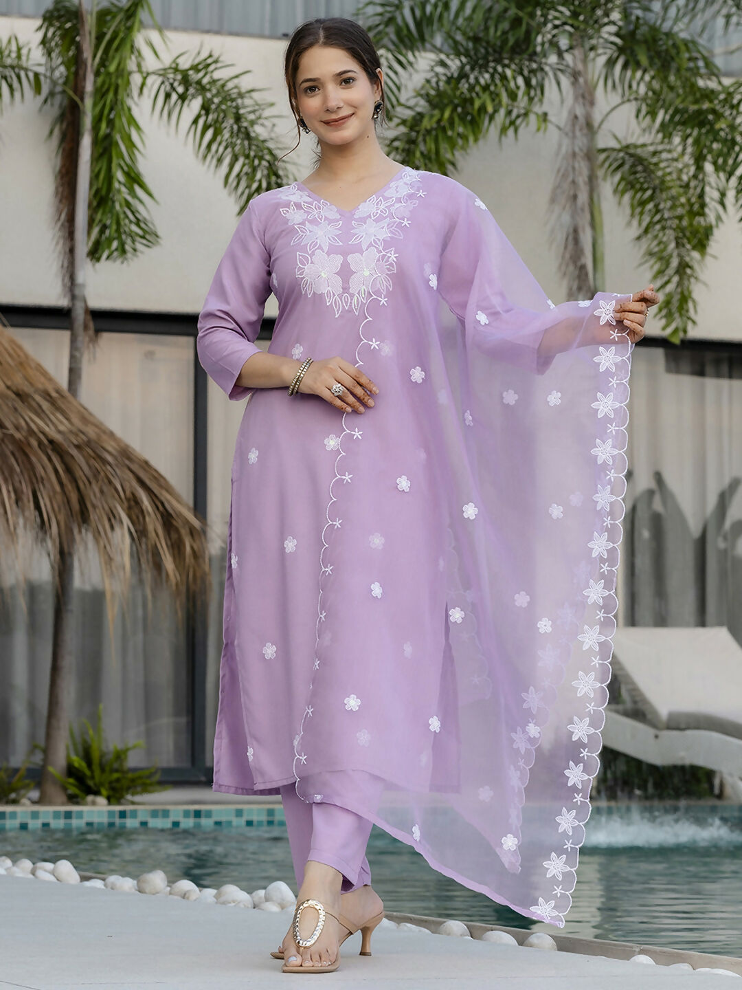 The52 Lavender Women's Beautiful Thread work Rayon Fabric with Straight Kurta, Pant and Dupatta Set | Grocsy