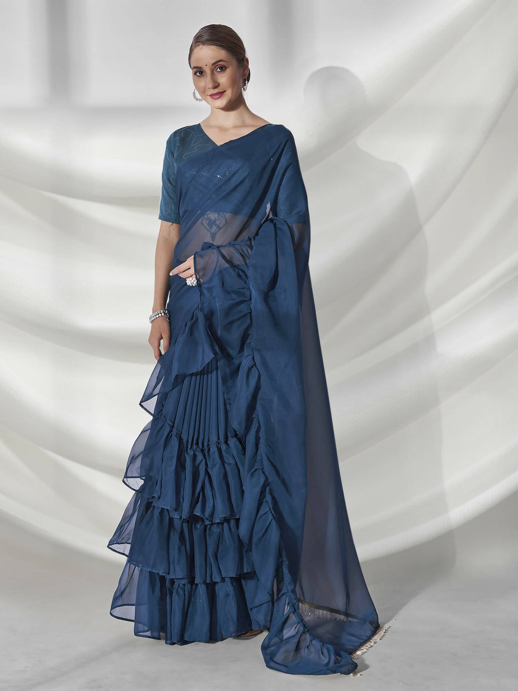 Teal Organza Solid Saree With Unstitched Blouse Piece - Shanaya | Grocsy