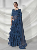 Teal Organza Solid Saree With Unstitched Blouse Piece - Shanaya | Grocsy