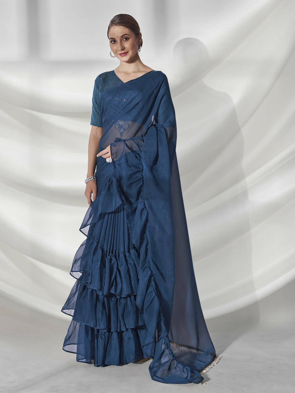 Teal Organza Solid Saree With Unstitched Blouse Piece - Shanaya | Grocsy