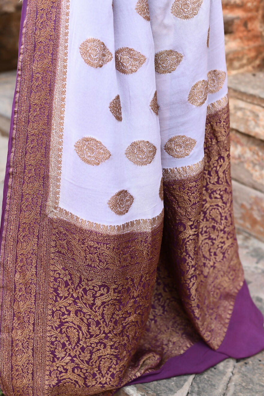 Joban Fashion Light Purple Crepe Chiffon Pure Handloom Banarasi Silk Saree | Grocsy