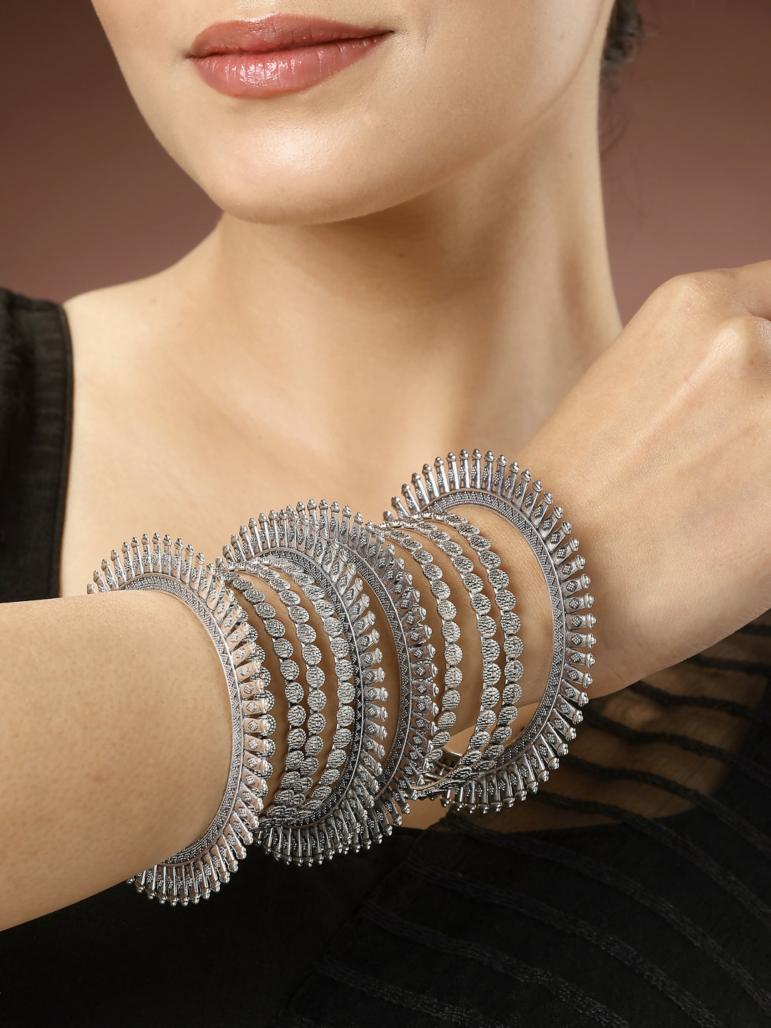 NVR Women's Set of 6 Silver-Toned German Silver Oxidised Bangles | Grocsy