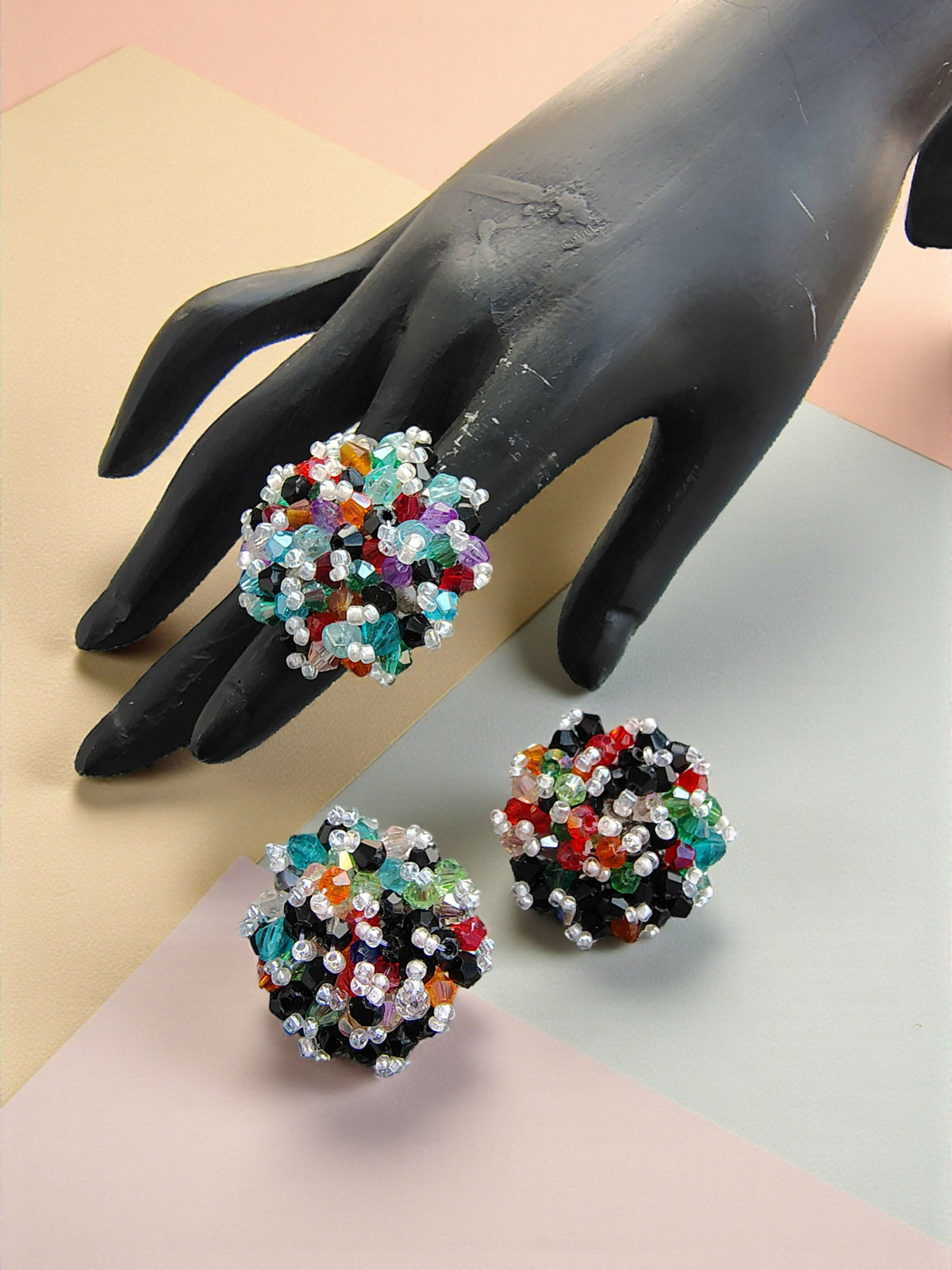 Inhanns Rangmani Crystal Duo – Adjustable Ring + Statement Earrings Set - Multicolor 1 | Grocsy