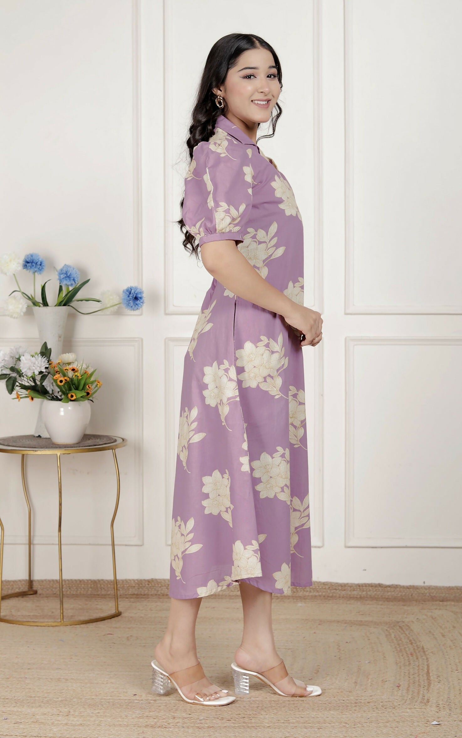 Miravan Womens Lavender Floral Printed A-Line Maxi Dress | Grocsy