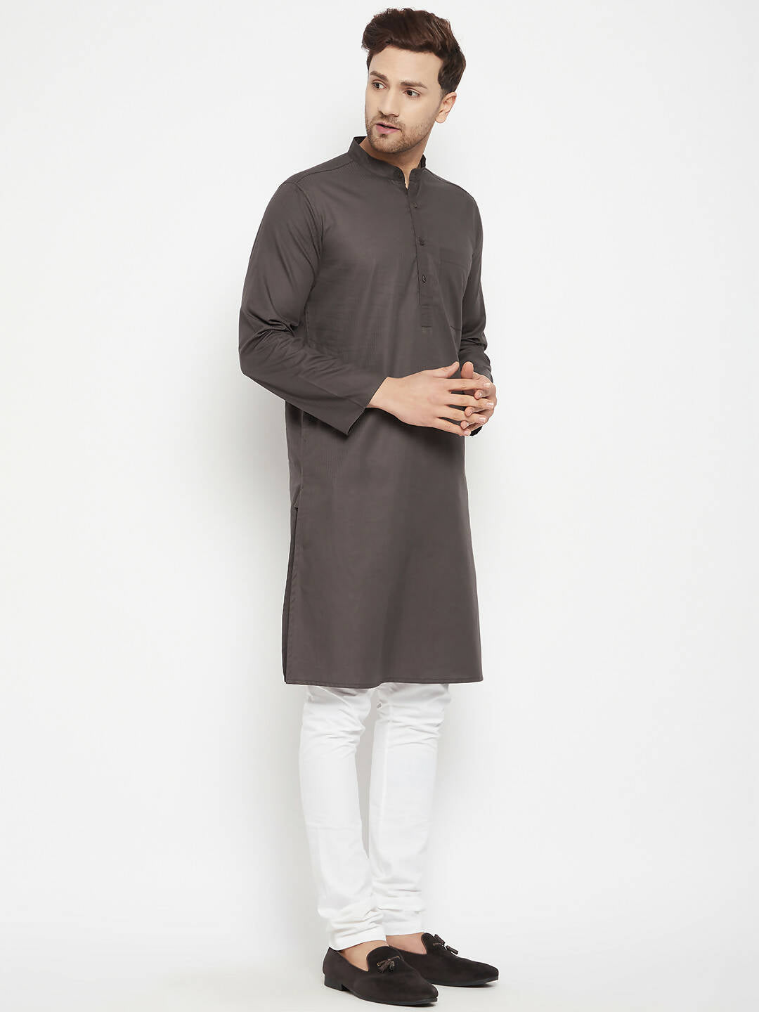 Even Apparels Brown Color Pure Cotton Long Men's Kurta With Band Collar | Grocsy
