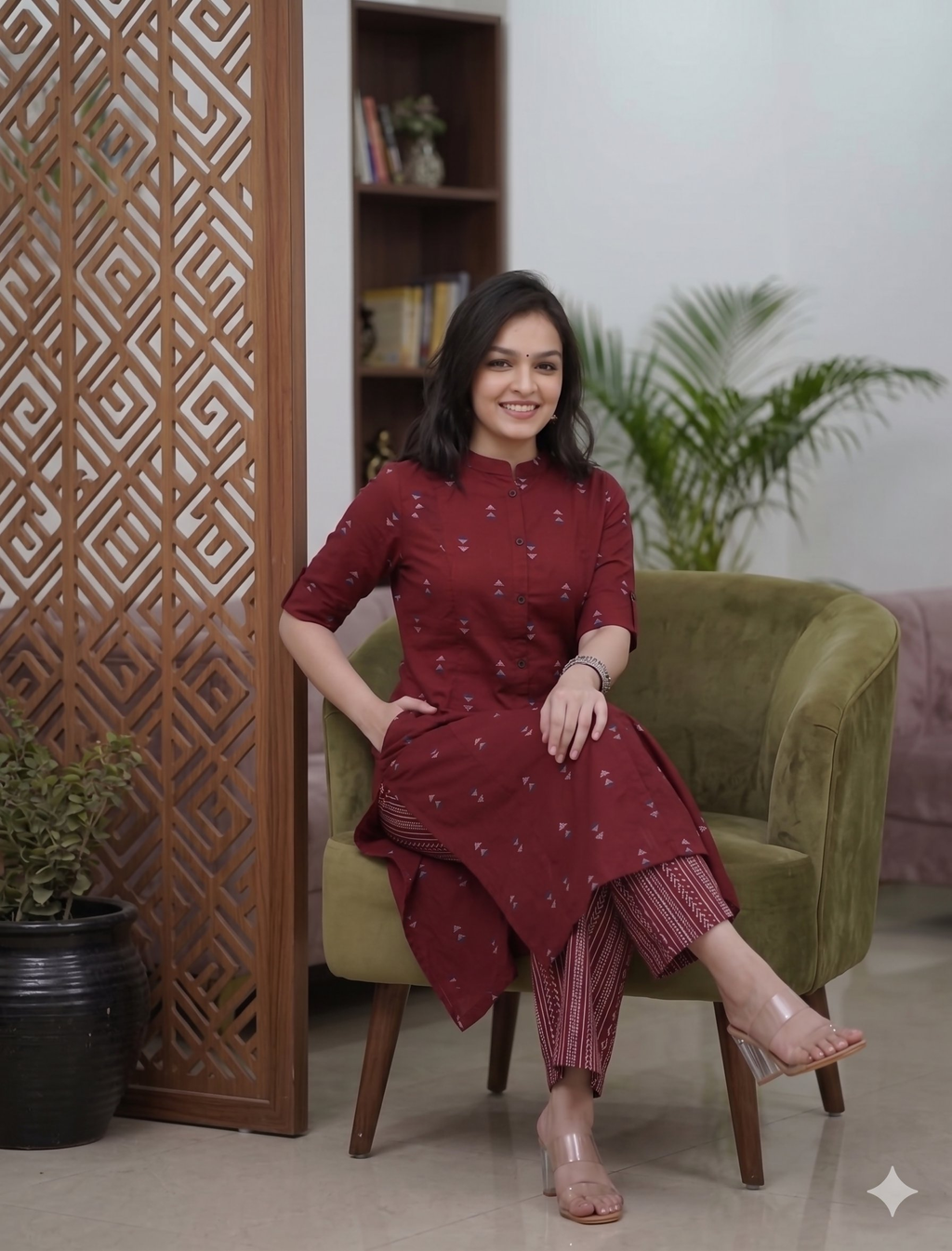 Teeya Creation Elegant Red Cotton Kurta Set Featuring Button Detail And Printed Palazzos | Grocsy