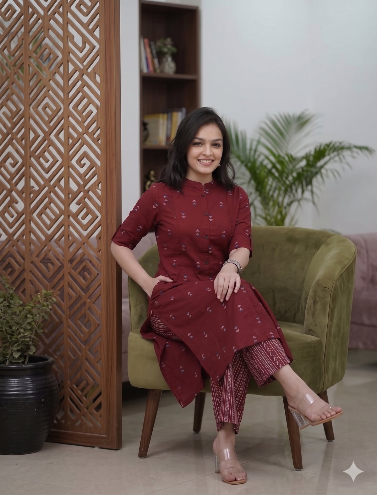 Teeya Creation Elegant Red Cotton Kurta Set Featuring Button Detail And Printed Palazzos | Grocsy