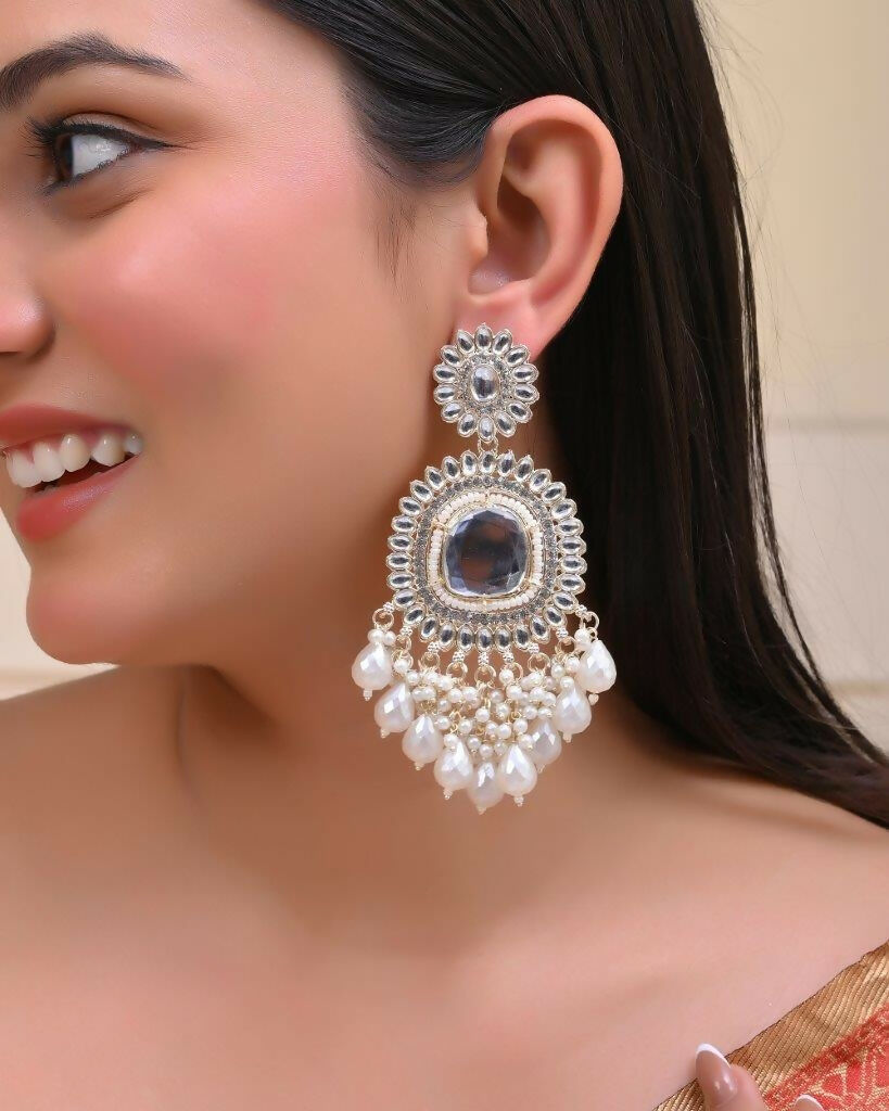 VOJ Gold-Polished Kundan And Stone Studded Drop Earrings