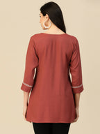 Brown Poly Rayon Floral Embroidered Top - Zeny | Grocsy