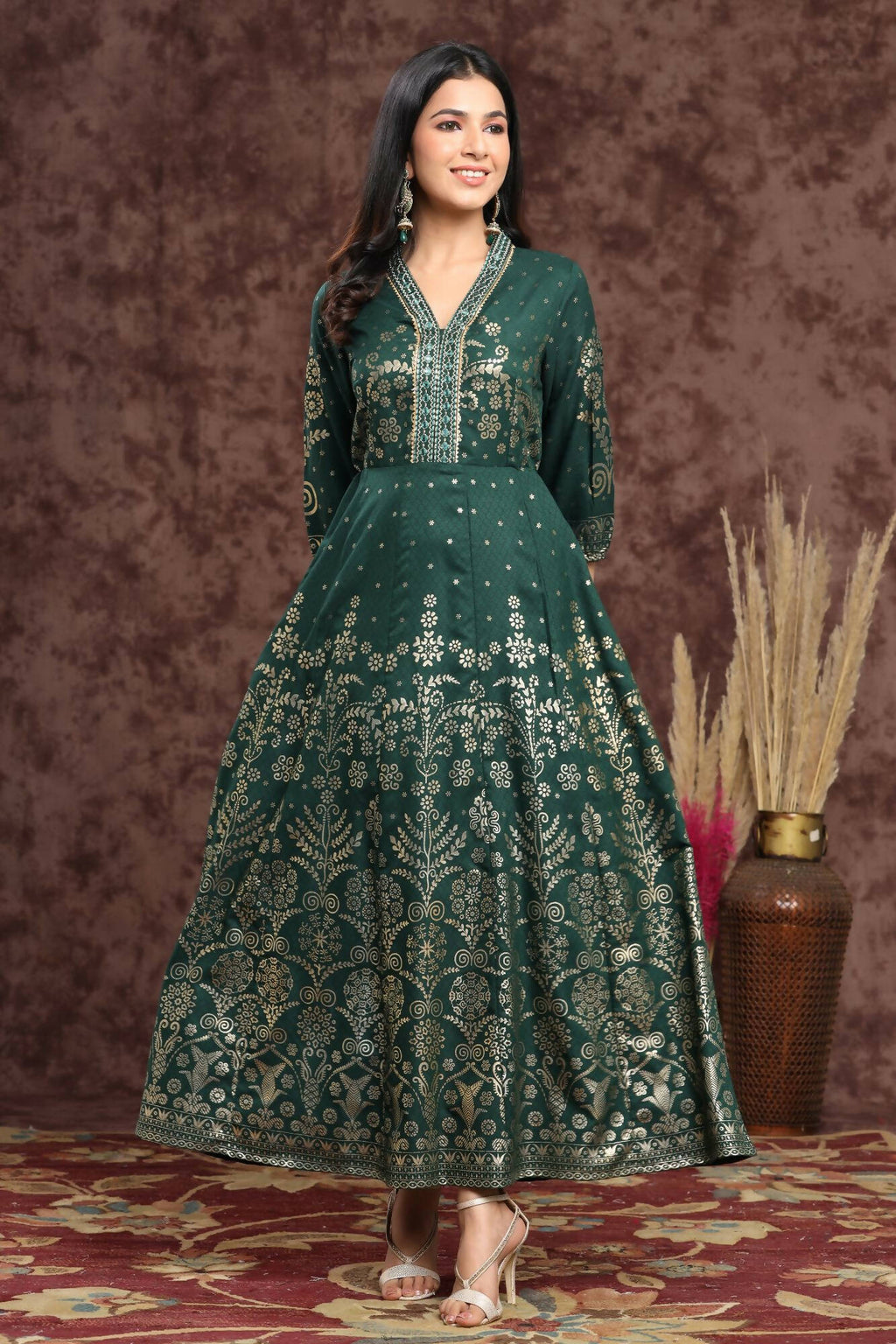 Juniper Women Jadegreen Rayon Printed Anarkali Dress | Grocsy