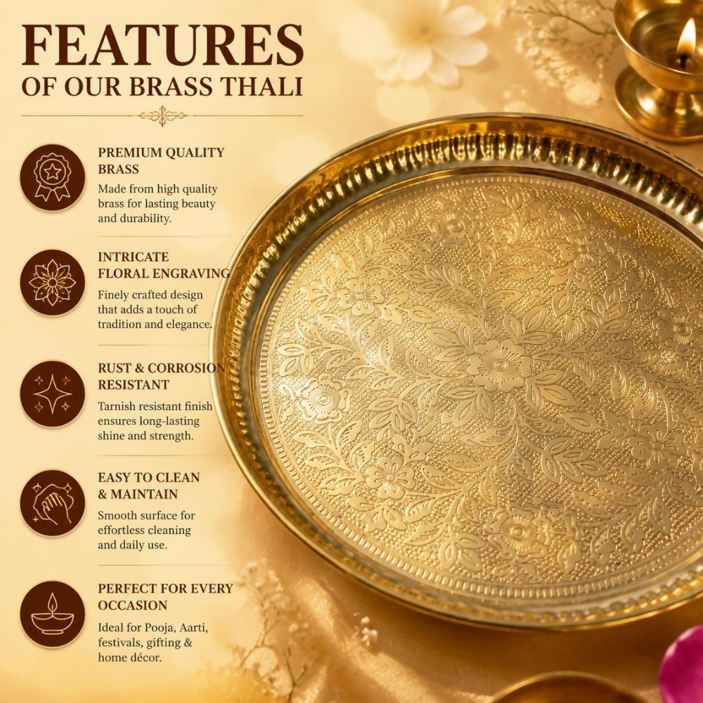Pure Source India Handmade Flower Embossed Design Brass Puja Thali | Grocsy