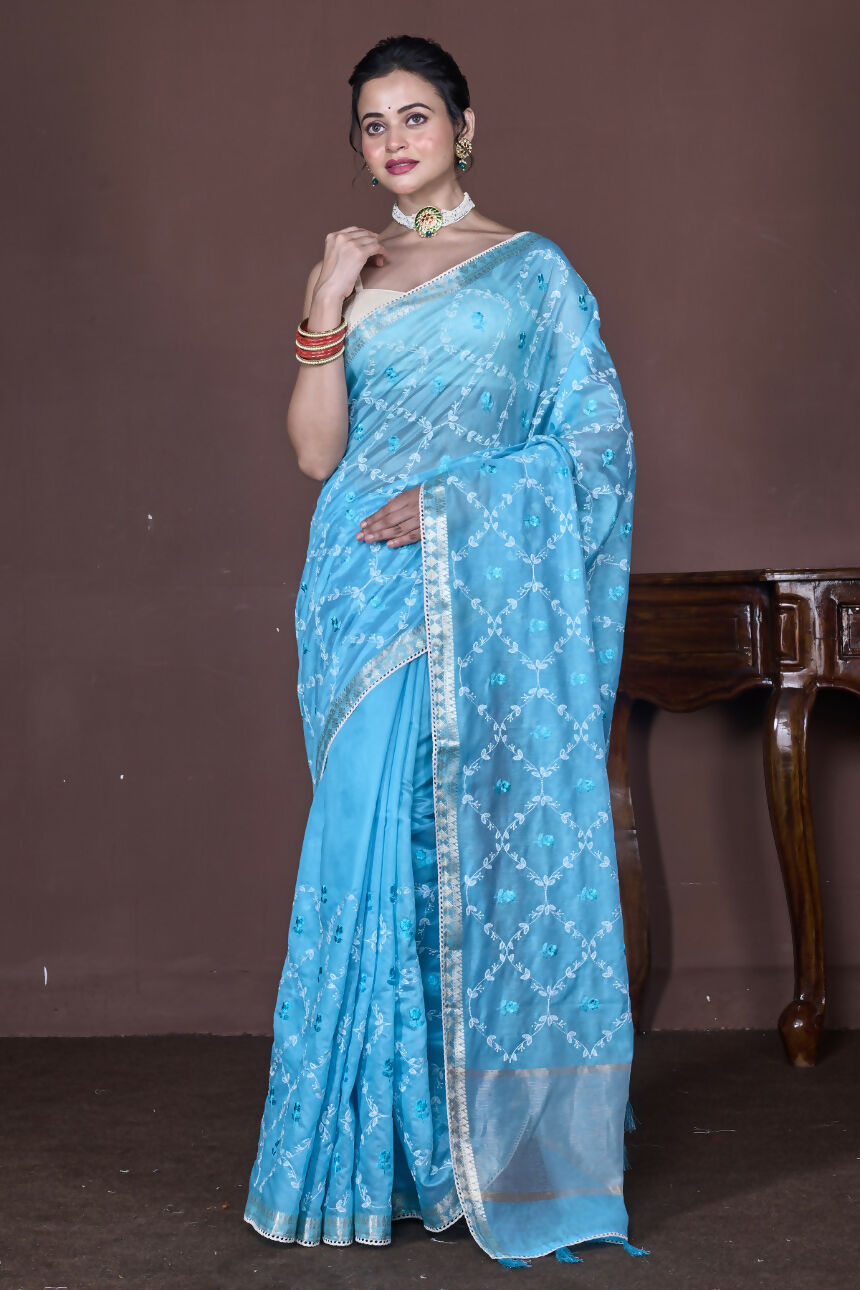 Morchari Sky Blue Cotton Chanderi Embroidery Saree Unstitched Blouse | Grocsy